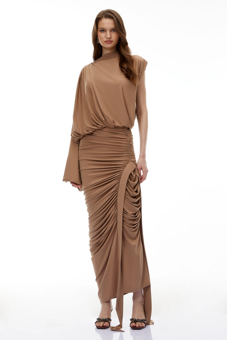 Simona Maxi Dress Camel Asymmetrical Draped