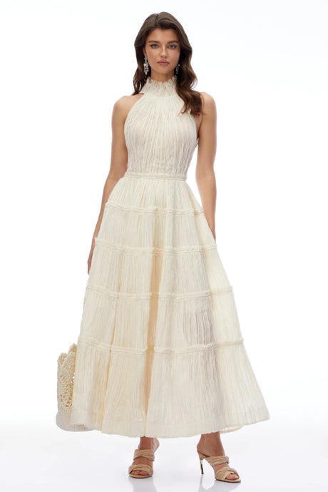 Arianna Maxi Dress White Halterneck Frilled