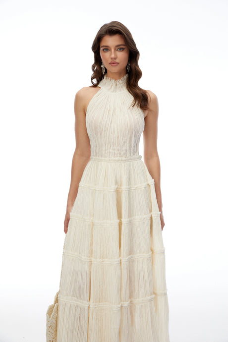 Arianna Maxi Dress White Halterneck Frilled