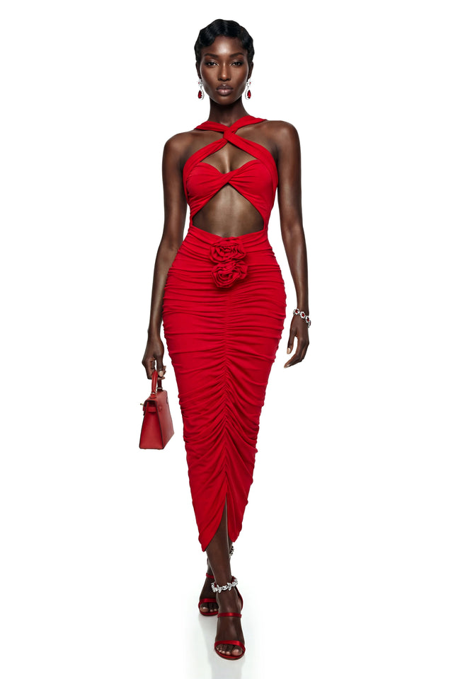 Elize Red Criss Cross Maxi Dress with 3D Petals