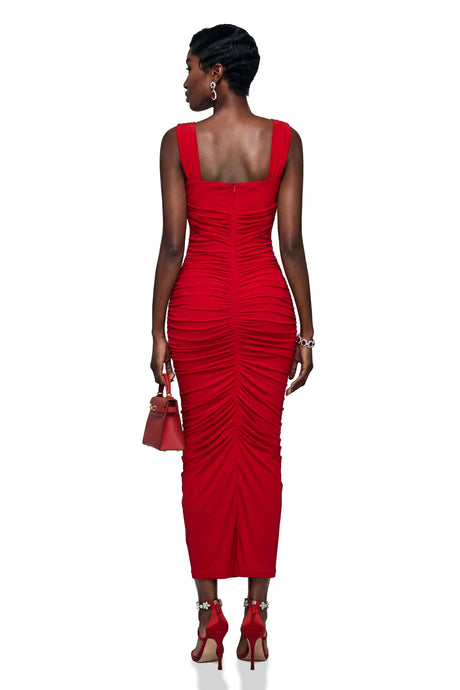 Michaela Maxi Dress Red Criss Cross with 3D Petals