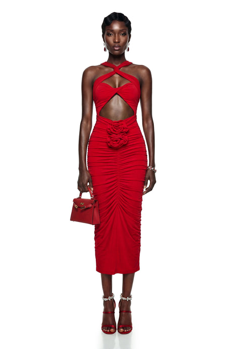 Michaela Maxi Dress Red Criss Cross with 3D Petals