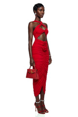 Elize Red Criss Cross Maxi Dress with 3D Petals