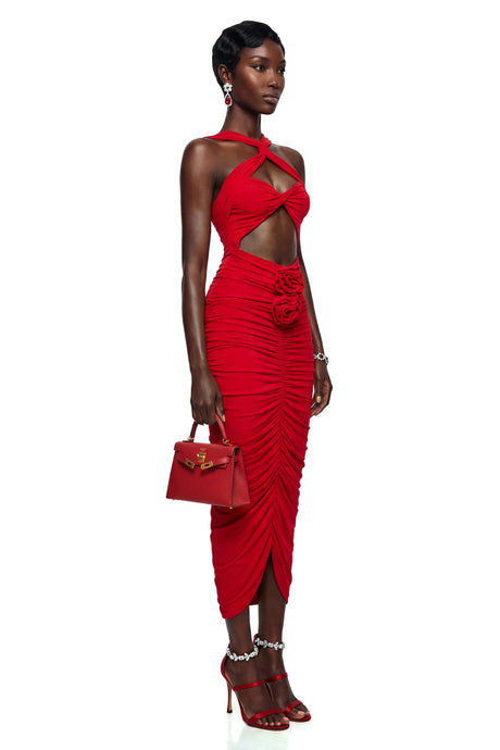 Michaela Maxi Dress Red Criss Cross with 3D Petals