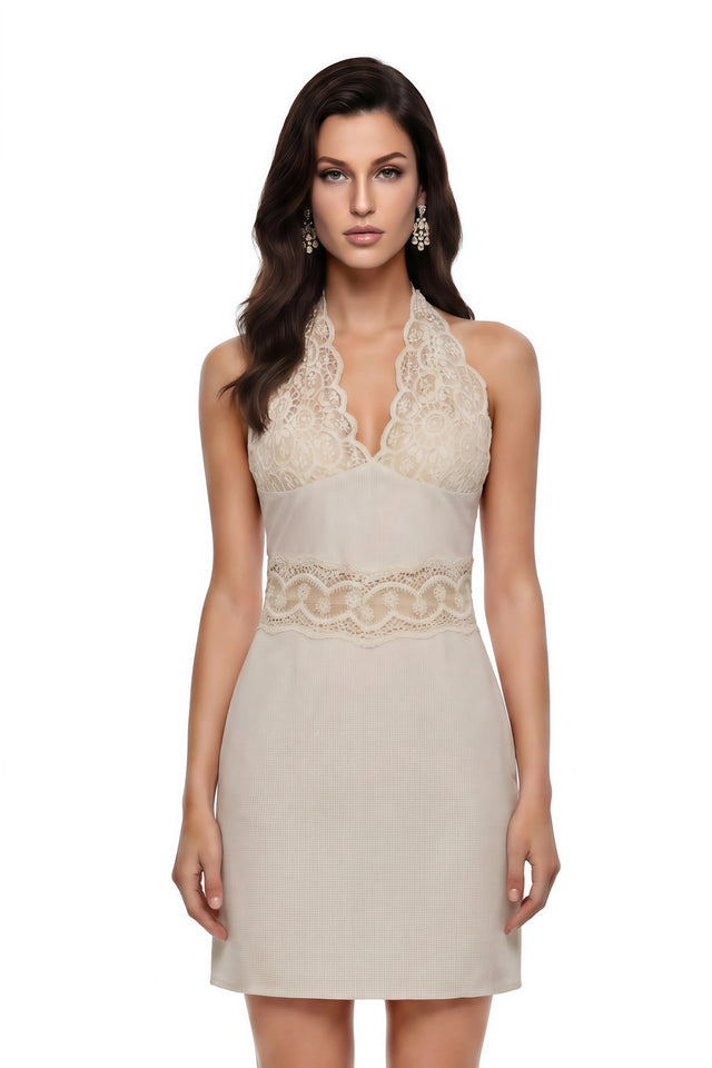 Ella Neutral Halterneck Lace Panel Mini Dress