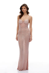 Elodie Pink Fully Embellished Mesh Maxi Dress