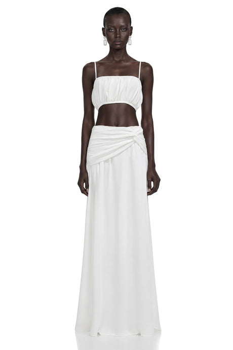 Kaylie White Ruched Crop Top & Draped Skirt Set