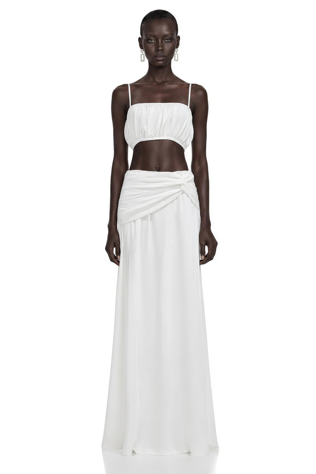 Elodie White Ruched Crop Top  Draped Skirt Set