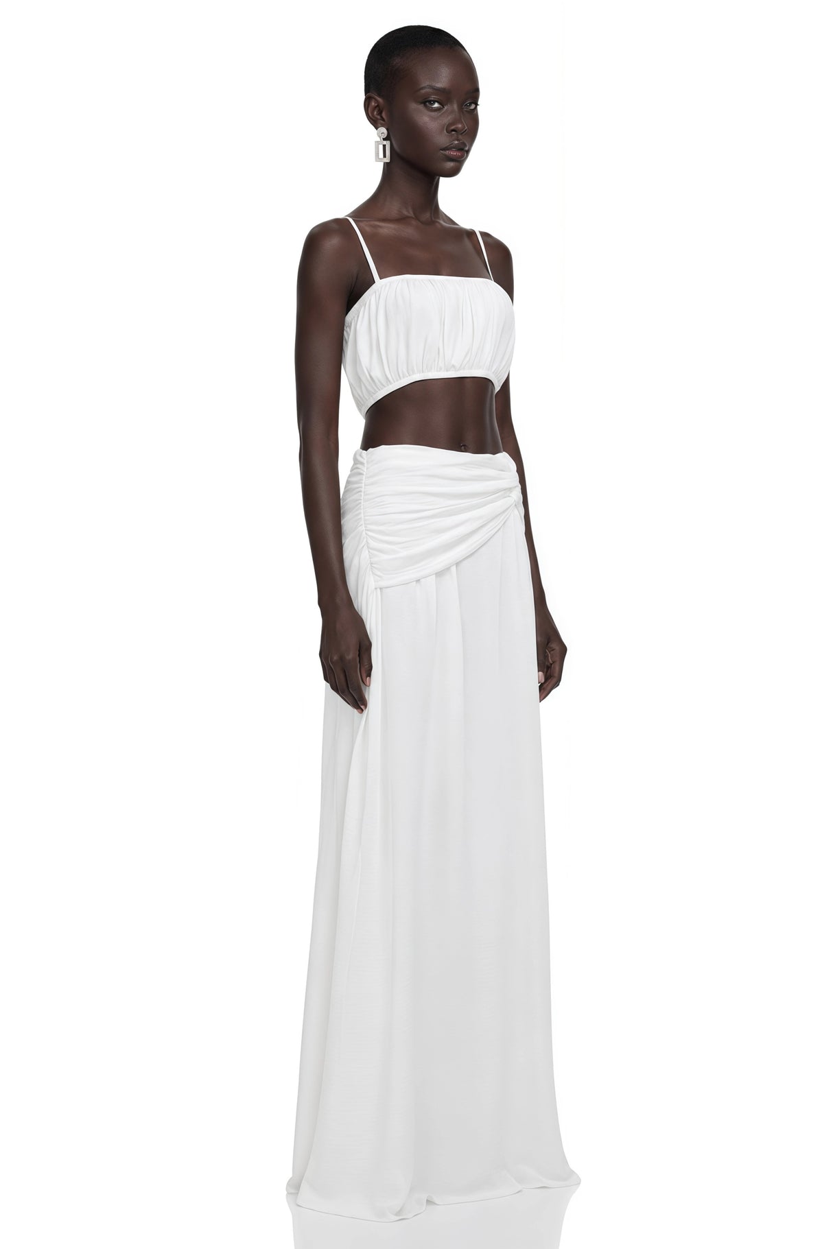 Elodie White Ruched Crop Top  Draped Skirt Set