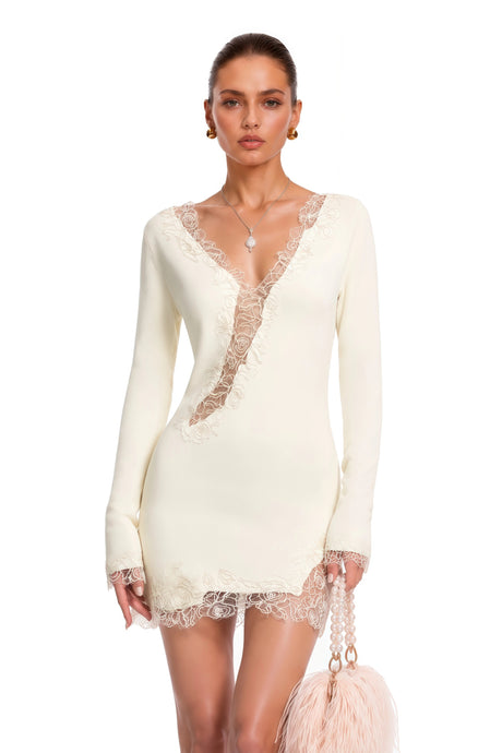 Adalyn Mini Dress White Plunging Lace Trim Long Sleeves