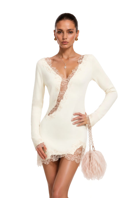 Adalyn Mini Dress White Plunging Lace Trim Long Sleeves