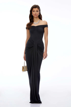 Eloise Black Off Shoulder Ruched Maxi Dress