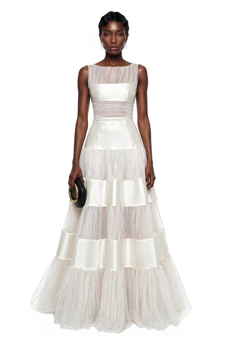 Lorelei Maxi Dress White Mesh Panel with Satin Stripes