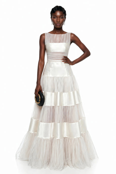 Lorelei Maxi Dress White Mesh Panel with Satin Stripes