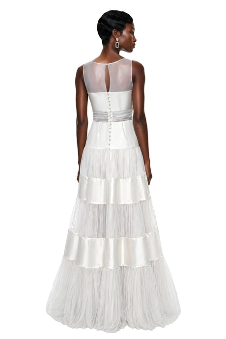 Lorelei Maxi Dress White Mesh Panel with Satin Stripes