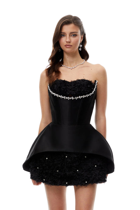 Lucia Mini Dress Black Embellished Floral Panel