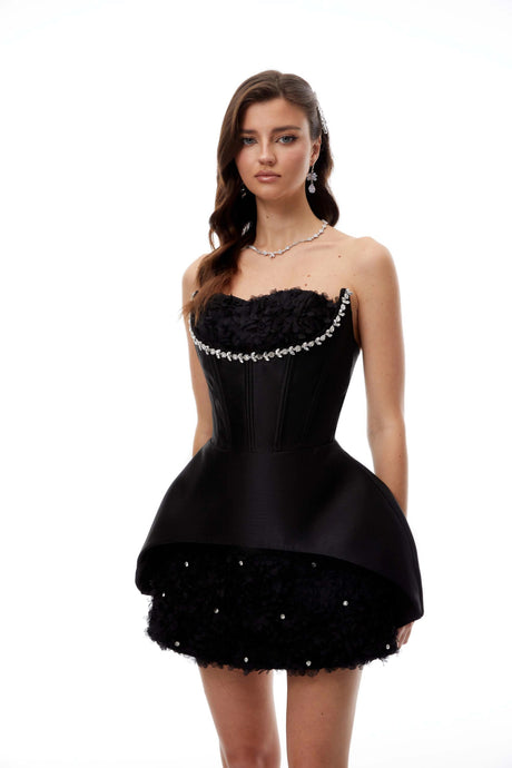 Lucia Mini Dress Black Embellished Floral Panel