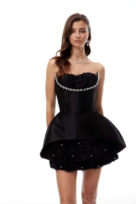 Lucia Mini Dress Black Embellished Floral Panel