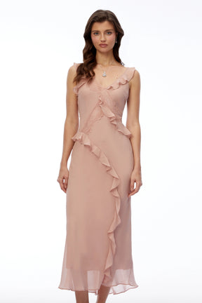 Elowen Dusty Pink VNeck Ruffled Maxi Dress