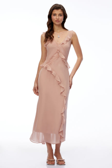 Vivian Maxi Dress Dusty Pink V-Neck Ruffled