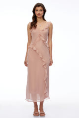 Elowen Dusty Pink VNeck Ruffled Maxi Dress