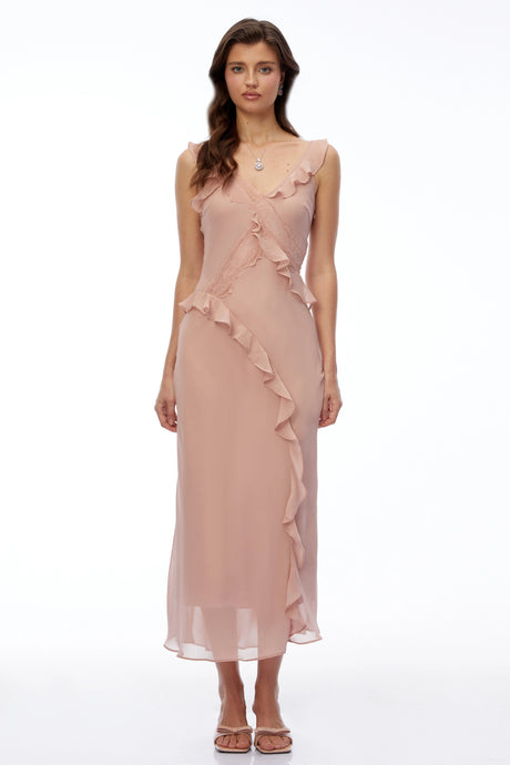 Vivian Maxi Dress Dusty Pink V-Neck Ruffled