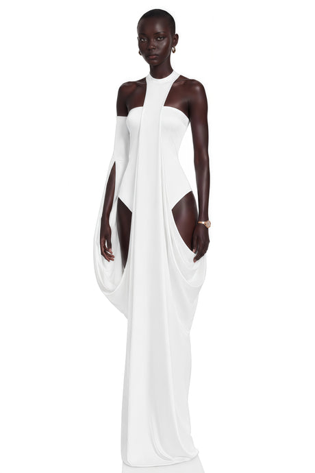 London Maxi Dress White Halter Neck Draped