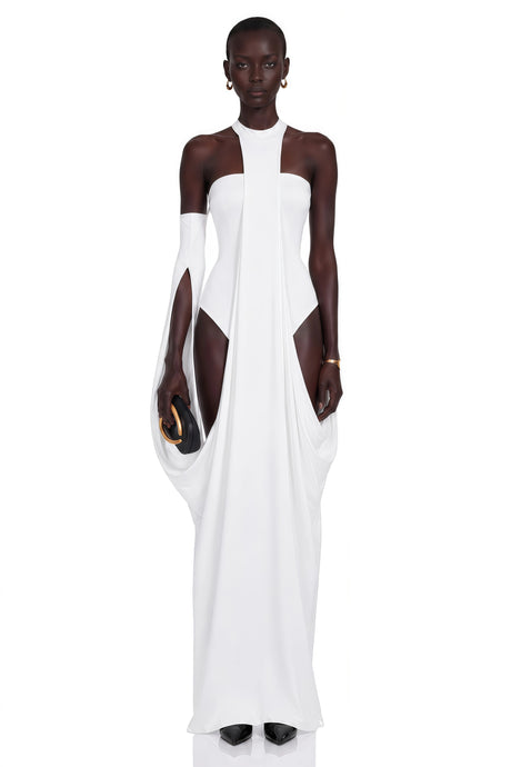 London Maxi Dress White Halter Neck Draped