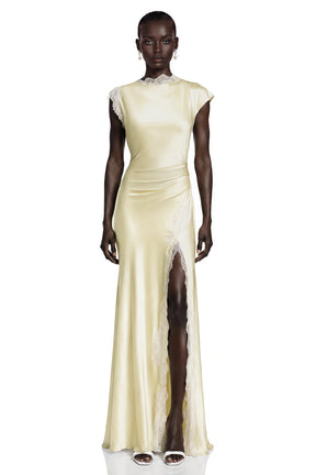 Elowen Yellow Satin Maxi Dress with Lace Trim and Slit