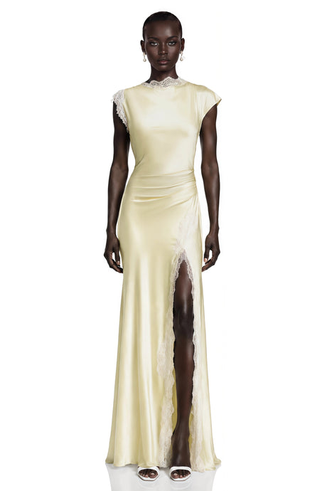 Augusta Maxi Dress Yellow Satin with Lace Trim and Slit