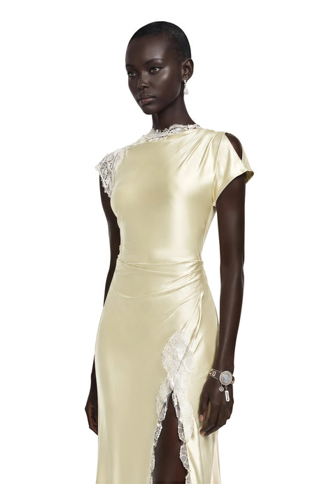 Augusta Maxi Dress Yellow Satin with Lace Trim and Slit
