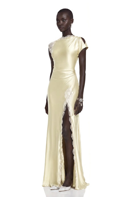 Augusta Maxi Dress Yellow Satin with Lace Trim and Slit