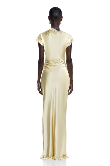 Augusta Maxi Dress Yellow Satin with Lace Trim and Slit