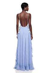 Elowyn Blue Backless Ruffled Maxi Dress