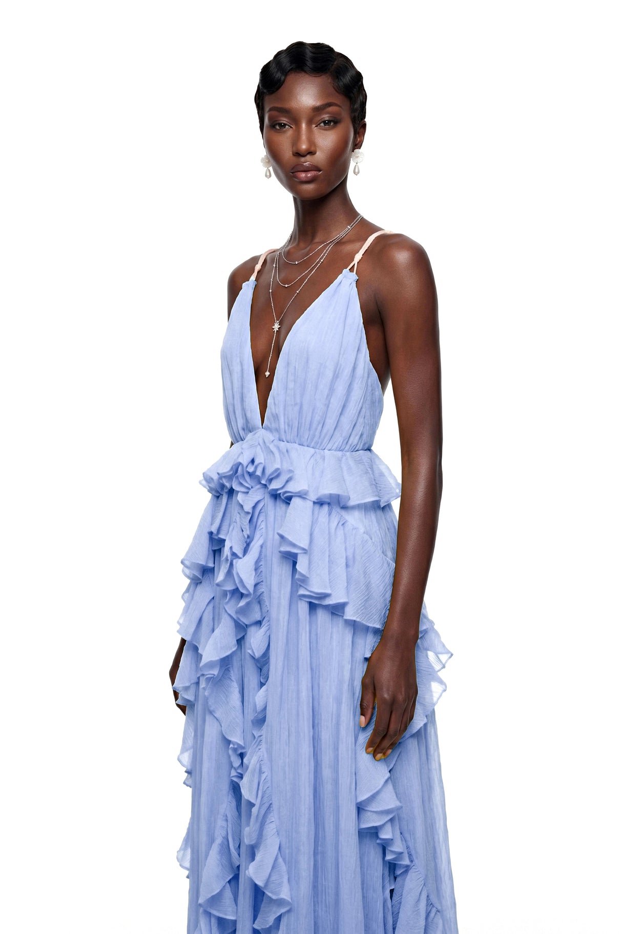 Elowyn Blue Backless Ruffled Maxi Dress