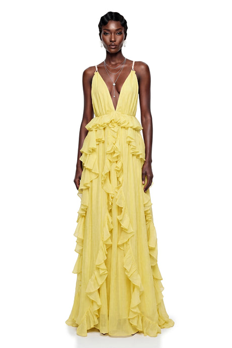 Maisie Maxi Dress Yellow Backless Ruffled