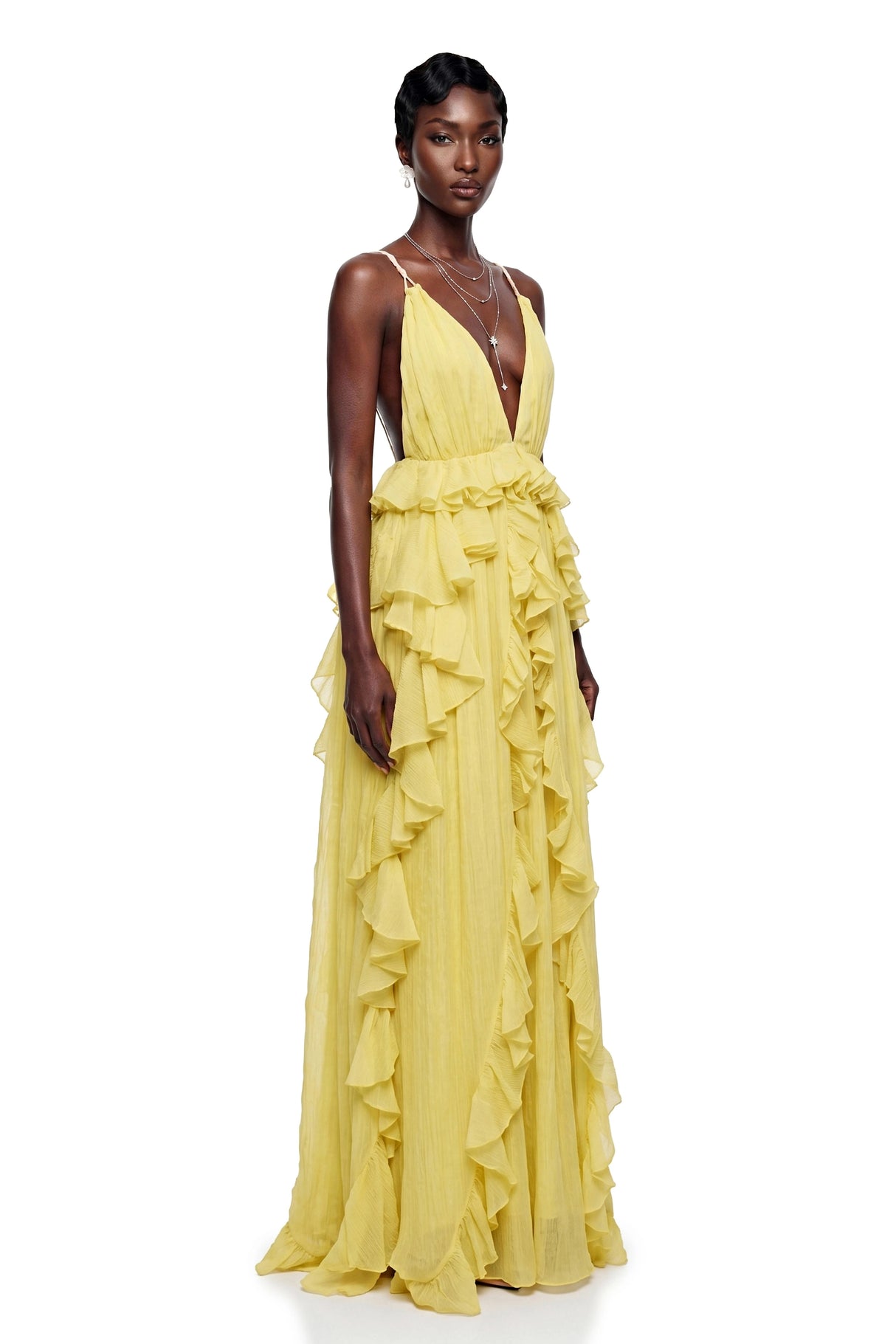 Elowyn Yellow Backless Ruffled Maxi Dress