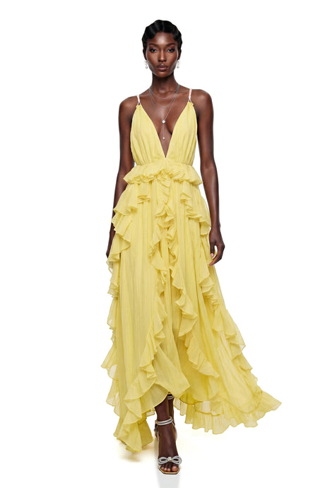 Maisie Maxi Dress Yellow Backless Ruffled