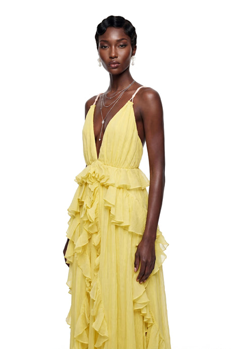 Maisie Maxi Dress Yellow Backless Ruffled