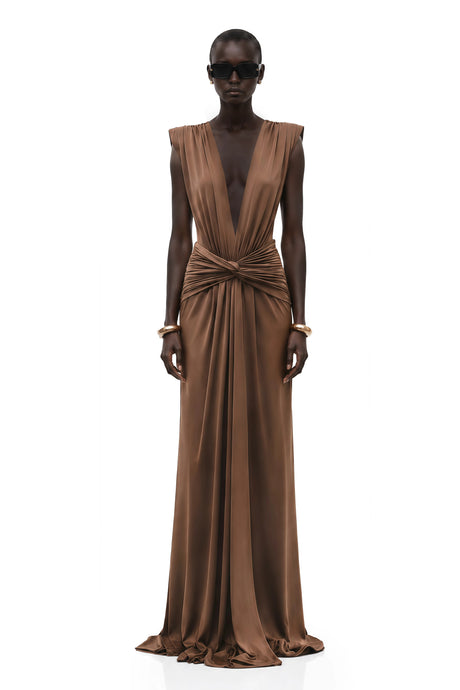 Gabrielle Maxi Dress Brown Deep V-Neck Twisted