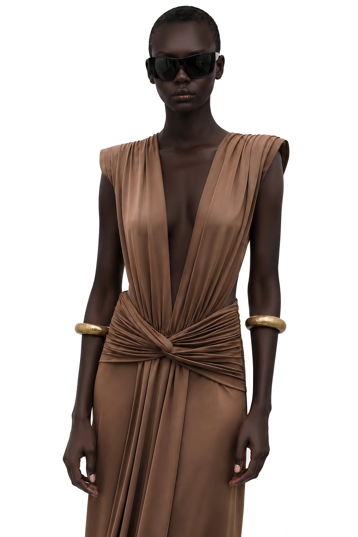 Else Brown Deep VNeck Twisted Maxi Dress