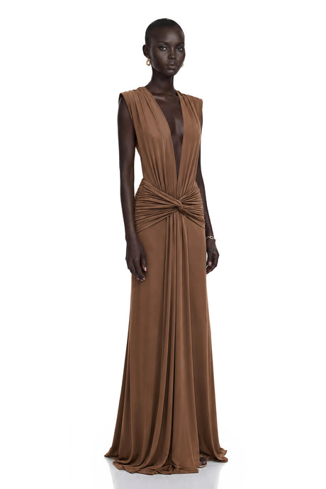 Gabrielle Maxi Dress Brown Deep V-Neck Twisted