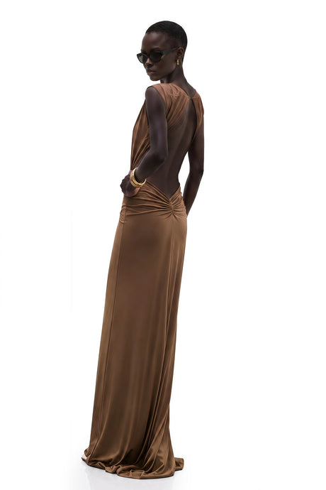 Gabrielle Maxi Dress Brown Deep V-Neck Twisted