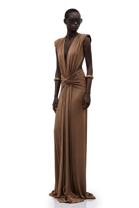 Gabrielle Maxi Dress Brown Deep V-Neck Twisted