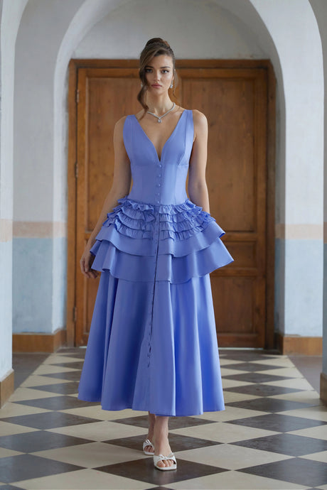 Noemi Midi Dress Blue Ruffled Tiered