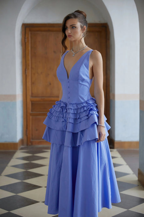 Noemi Midi Dress Blue Ruffled Tiered