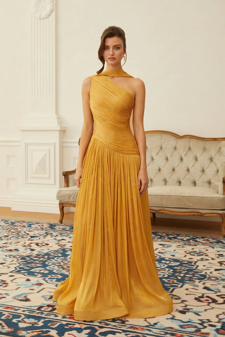 Dakota Maxi Dress Gold One Shoulder Ruched