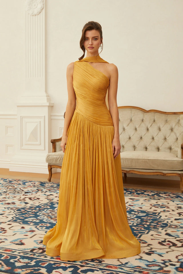 Emerald Gold One Shoulder Ruched Maxi Dress