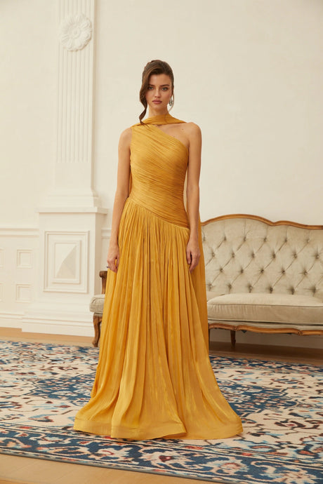 Zaylee Maxi Dress Gold One Shoulder Ruched