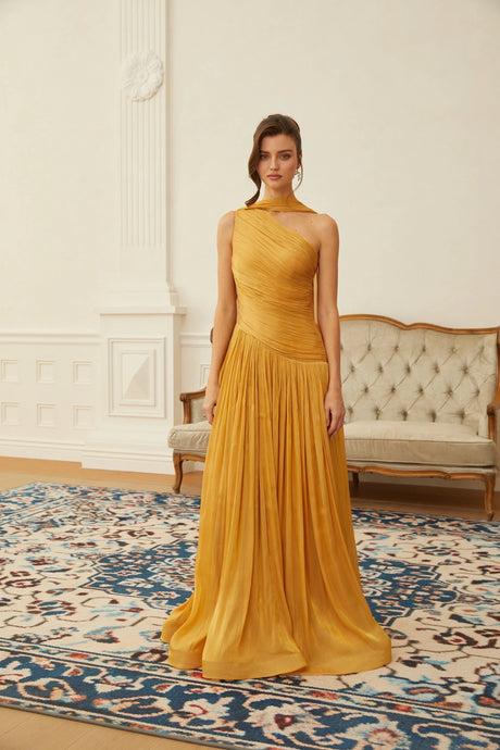 Dakota Maxi Dress Gold One Shoulder Ruched